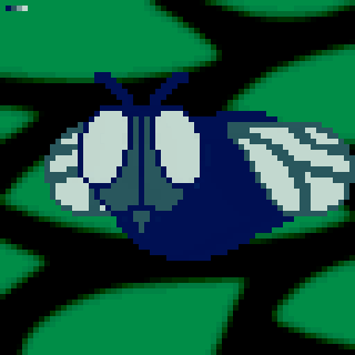 A pixel art-style depiction of a blue fly with large eyes and wings stands out against a green background with black patterns.