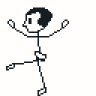 A pixel art stick figure performs a joyful dance with raised arms and a wide stance.