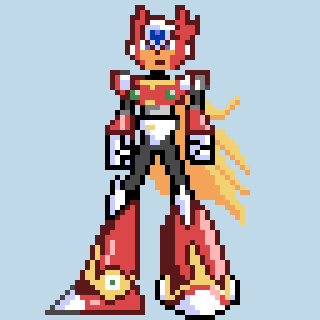 A pixelated character with red armor and a futuristic design stands against a plain background.