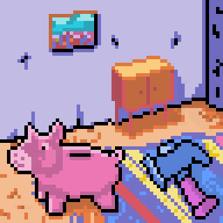 A pixel art scene features a pink piggy bank, a wooden cabinet, a colorful rug, and a small framed picture on the wall.