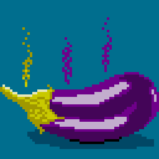 A pixel art depiction shows a purple eggplant emitting yellow and purple steam against a blue background.