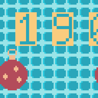 A pixel art style design features the numbers 1984 and a pixelated red ornament against a blue checkered background.