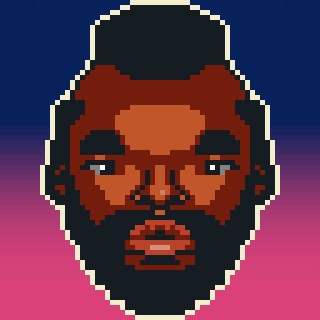 A pixel art illustration features a person's face with a beard and mohawk hairstyle against a gradient background.