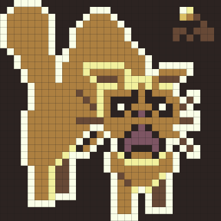A pixel art depiction of a cat with an open mouth and an object above.