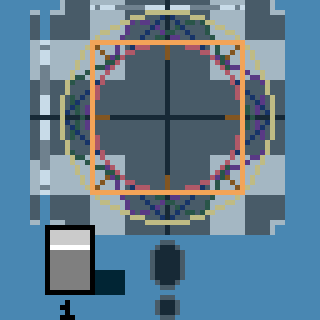 A pixel art design features geometric patterns with a large, symmetrical structure and a small numbered section in the corner.