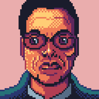 A pixel art portrait of a person wearing glasses against a pink background.