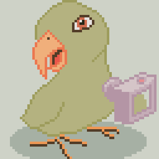 A pixel art green bird holds a purple gift, standing against a light background.