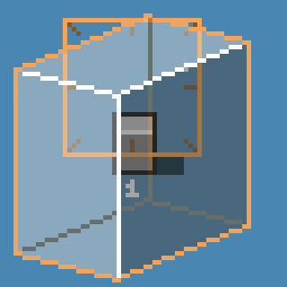 A pixelated, three-dimensional glass cube with an orange outline is displayed against a blue background.