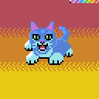 A pixelated blue cat with pink ears and an open mouth is set against a colorful, gradient background.
