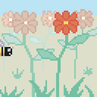 A pixelated bee is flying near colorful flowers with green stems.