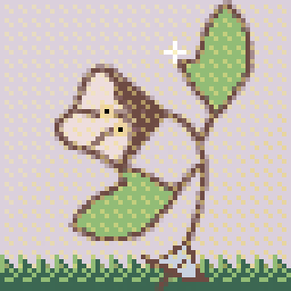 A pixel art drawing depicts a whimsical plant with a face, two green leaves, and a twinkling star above.