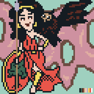 A pixel art depiction of a warrior woman with a shield, staff, and an owl on her shoulder, set against a large butterfly backdrop.