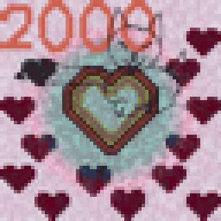 A pixelated design features a central heart surrounded by smaller hearts with the number 2000 at the top.