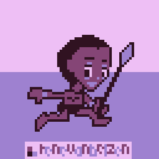 A pixel art character is depicted running, holding a spear, with a stylized signature underneath on a pink and purple background.