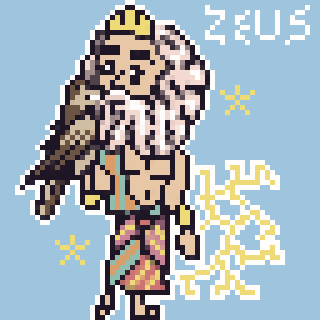 A pixel art depiction of Zeus holding a bird, with his name in the top right corner.