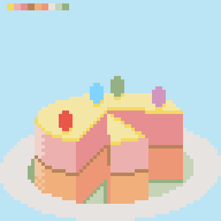 A pixelated cake with pastel layers and colorful decorations sits on a plate against a light blue background.