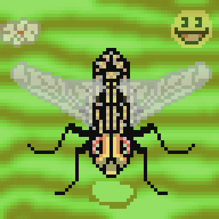 A pixel art depiction of a fly with exaggerated features on a green, textured background with a cloud and a smiling face.