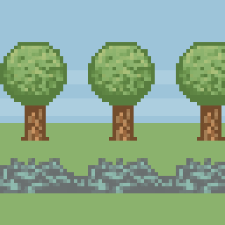A pixel art scene depicts two stylized trees and a grassy platform against a blue sky.