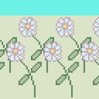 A pattern of pixelated flowers with purple petals and green stems is set against a blue and beige background.