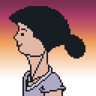 A pixel art depiction of a person with black hair and a ponytail, wearing a light-colored shirt and necklace, set against a gradient background.