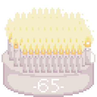 A pixel art cake topped with many candles displays the number 65.