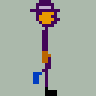 A pixel art character is wearing a purple hat and clothes, with a noticeable yellow face, walking on a gray grid background.