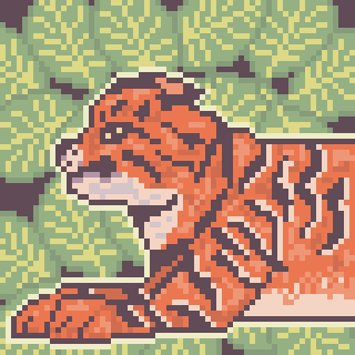 A pixel art depiction of a tiger surrounded by green foliage.