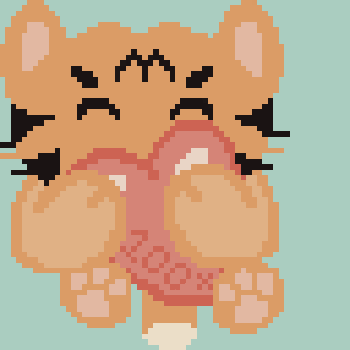 A pixel art illustration of a cute tiger holding a piece of meat.