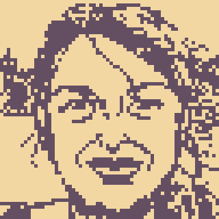 A pixelated, monochrome portrait of a person with wavy hair and a neutral expression.