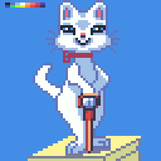 A pixel art cat with a red collar is standing on a platform, smiling and holding a pogo stick against a blue background.