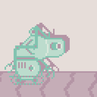A pixel art depiction of a light green, robotic dinosaur walking on a gray, jagged surface.