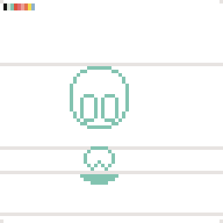 A pixel art image depicts a simplified face resembling a skull with a small symbol below it, set against a lined background.
