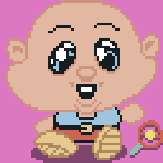 A pixel art illustration of a baby with large eyes sitting on the floor, holding a pink pacifier on a pink background.