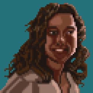A pixel art portrait depicts a smiling person with long, wavy hair against a teal background.