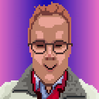 A pixel art portrait depicts a smiling person with short hair, glasses, and a jacket against a purple gradient background.