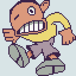 A pixel art character with a large grin and exaggerated features is shown in an energetic pose.
