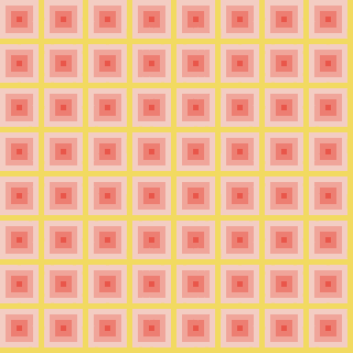 A repeating pattern of red and pink squares nested within larger yellow squares.