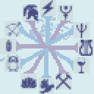 A pixelated design resembling a compass surrounded by various abstract icons, each enclosed in separate squares.