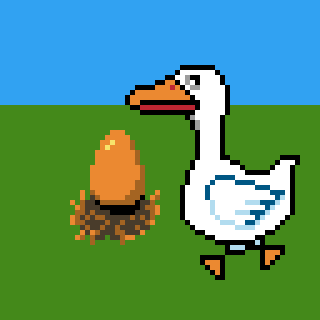 A pixel art-style goose is standing on grass next to a large golden egg in a nest.