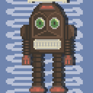 A pixel art-style robot with a square head, large eyes, and a blocky body stands on a blue zigzag-patterned background.