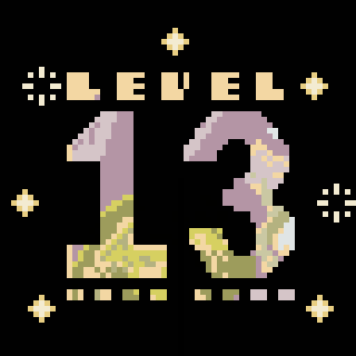 Level 13 is displayed in a pixelated font with decorative stars surrounding it on a black background.