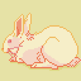 A pixel art depiction of a bunny in pastel shades is set against a light yellow background.