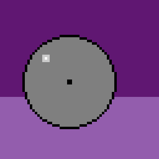 A pixelated gray sphere with a small black dot in the center and a white highlight on the upper left sits against a two-tone purple background.