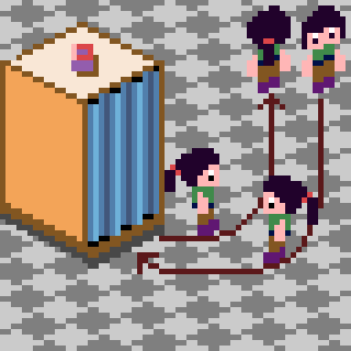 Three pixelated characters on a checkered floor are connected by red lines, with a tall orange and blue rectangular structure nearby.