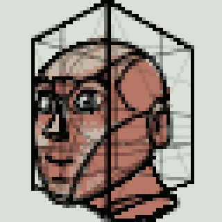 A pixel art illustration of a humanoid robot head encased within a transparent cube.
