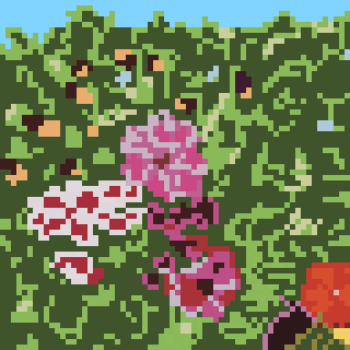 A pixel art-style illustration featuring abstract pink and red flowers against a green leafy background.
