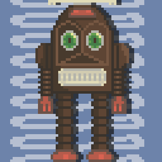 A vintage-style pixelated robot with a brown body, green eyes, and red hands and feet stands against a blue and white striped background.