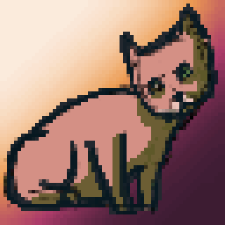 A pixel art-style cat with a pink and green color scheme sits against a gradient background.