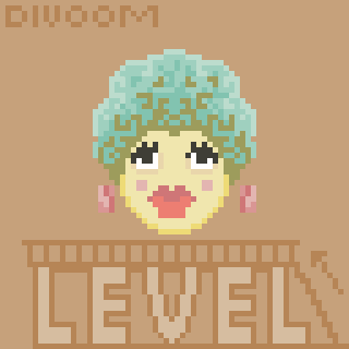 A pixel art character with blue hair and red lips is centered above the word LEVEL on a brown background.