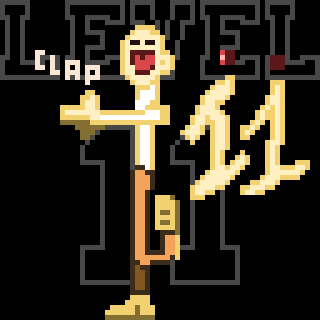 A pixel art figure is celebrating with raised arms and the words LEVEL 11 above it, along with CLAP near its raised hand.